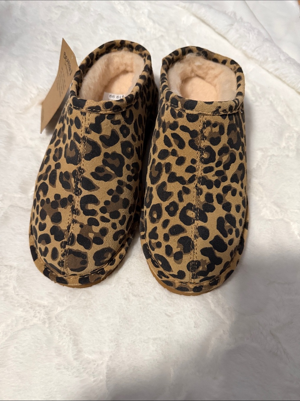 BearPaw Women's Leopard-Print Cozy Slip-Ons in Tan and Black